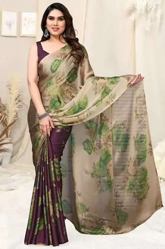 Beige chiffon floral print saree with unstitched blouse piece