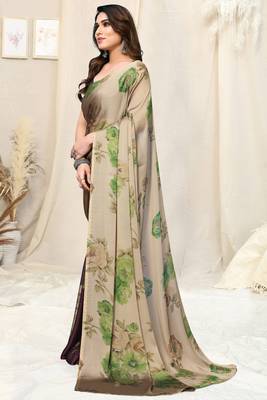 Beige chiffon floral print saree with unstitched blouse piece 3