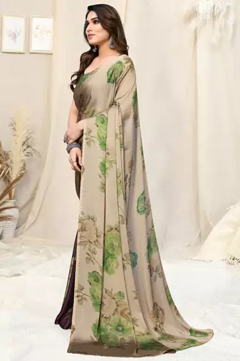 Beige chiffon floral print saree with unstitched blouse piece