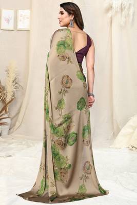 Beige chiffon floral print saree with unstitched blouse piece 4