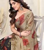 Beige chiffon floral print saree with unstitched blouse piece