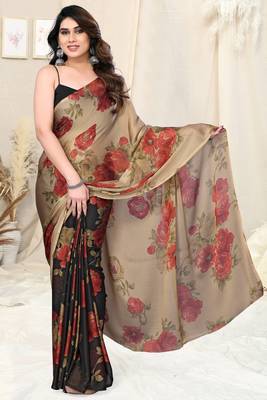 Beige chiffon floral print saree with unstitched blouse piece 2