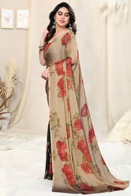 Beige chiffon floral print saree with unstitched blouse piece 3