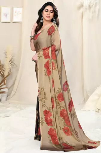 Beige chiffon floral print saree with unstitched blouse piece