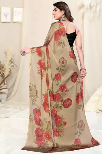 Beige chiffon floral print saree with unstitched blouse piece