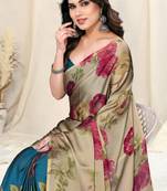 Beige chiffon floral print saree with unstitched blouse piece