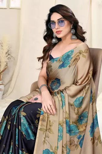 Beige Chiffon Floral Print Saree With Unstitched Blouse Piece