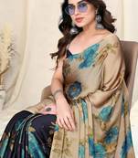 Beige Chiffon Floral Print Saree With Unstitched Blouse Piece