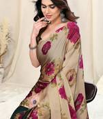 Beige Chiffon Floral Print Saree With Unstitched Blouse Piece