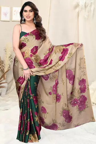 Beige Chiffon Floral Print Saree With Unstitched Blouse Piece