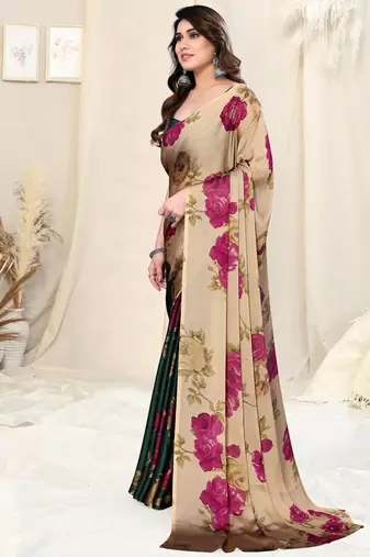 Beige Chiffon Floral Print Saree With Unstitched Blouse Piece