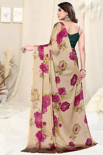 Beige Chiffon Floral Print Saree With Unstitched Blouse Piece
