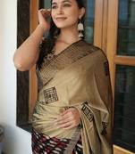 Beige Chiffon Block Printed Saree With Unstitched Blouse Piece