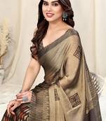 Beige Chiffon Block Printed Saree With Unstitched Blouse Piece