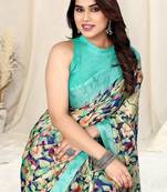 Cream Chiffon Leaf Printed Saree With Unstitched Blouse Piece