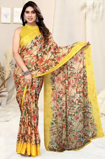 Yellow Chiffon Leaf Printed Saree With Unstitched Blouse Piece