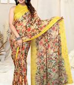 Yellow Chiffon Leaf Printed Saree With Unstitched Blouse Piece