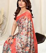 Grey Chiffon Leaf Printed Saree With Unstitched Blouse Piece