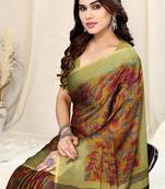 Mustard Chiffon Kalamkari/Floral Printed Saree With Unstitched Blouse Piece