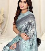Pastel Sky Blue Chiffon Kalamkari/Floral Printed Saree With Unstitched Blouse Piece