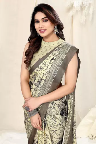 Cream chiffon kalamkari/floral printed saree with unstitched blouse piece