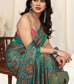 Teal chiffon floral printed saree with unstitched blouse piece