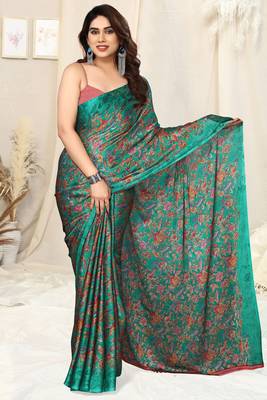 Teal chiffon floral printed saree with unstitched blouse piece 2