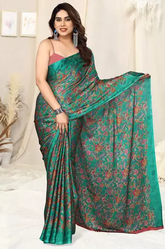 Teal chiffon floral printed saree with unstitched blouse piece