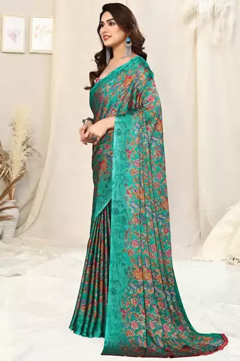 Teal chiffon floral printed saree with unstitched blouse piece