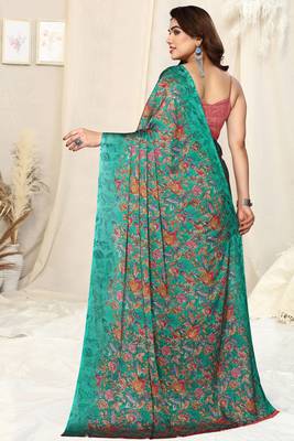 Teal chiffon floral printed saree with unstitched blouse piece 4
