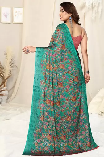 Teal chiffon floral printed saree with unstitched blouse piece