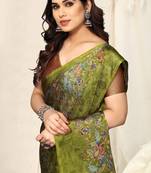 Mehandi green chiffon floral printed saree with unstitched blouse piece