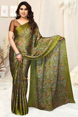 Mehandi green chiffon floral printed saree with unstitched blouse piece 2