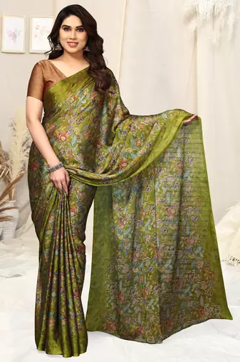 Mehandi green chiffon floral printed saree with unstitched blouse piece