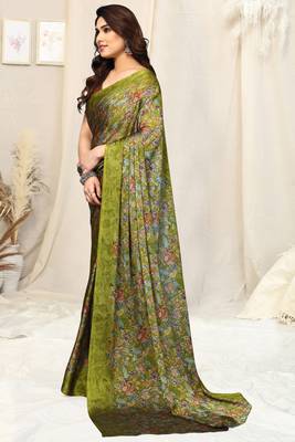 Mehandi green chiffon floral printed saree with unstitched blouse piece 3