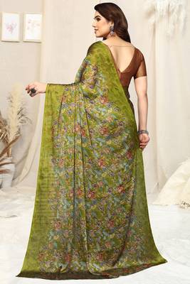 Mehandi green chiffon floral printed saree with unstitched blouse piece 4