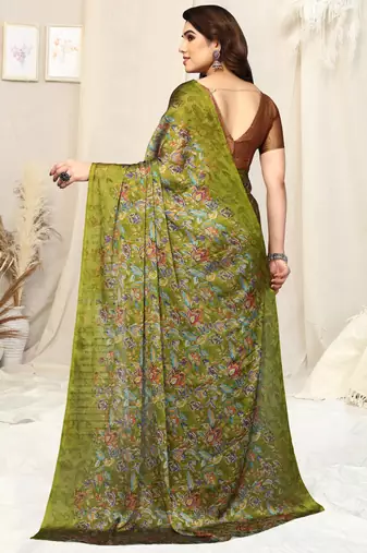 Mehandi green chiffon floral printed saree with unstitched blouse piece