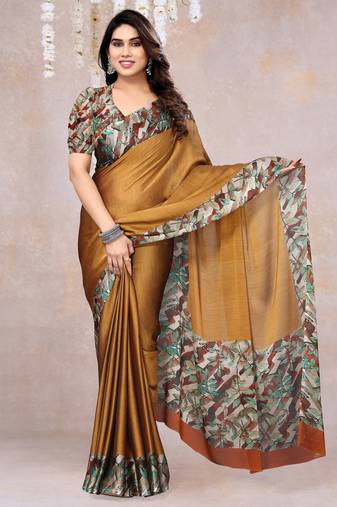 Dark Mustard Chiffon Solid/Leaf Printed Saree With Unstitched Blouse Piece