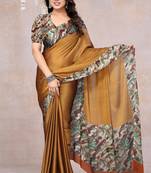 Dark Mustard Chiffon Solid/Leaf Printed Saree With Unstitched Blouse Piece