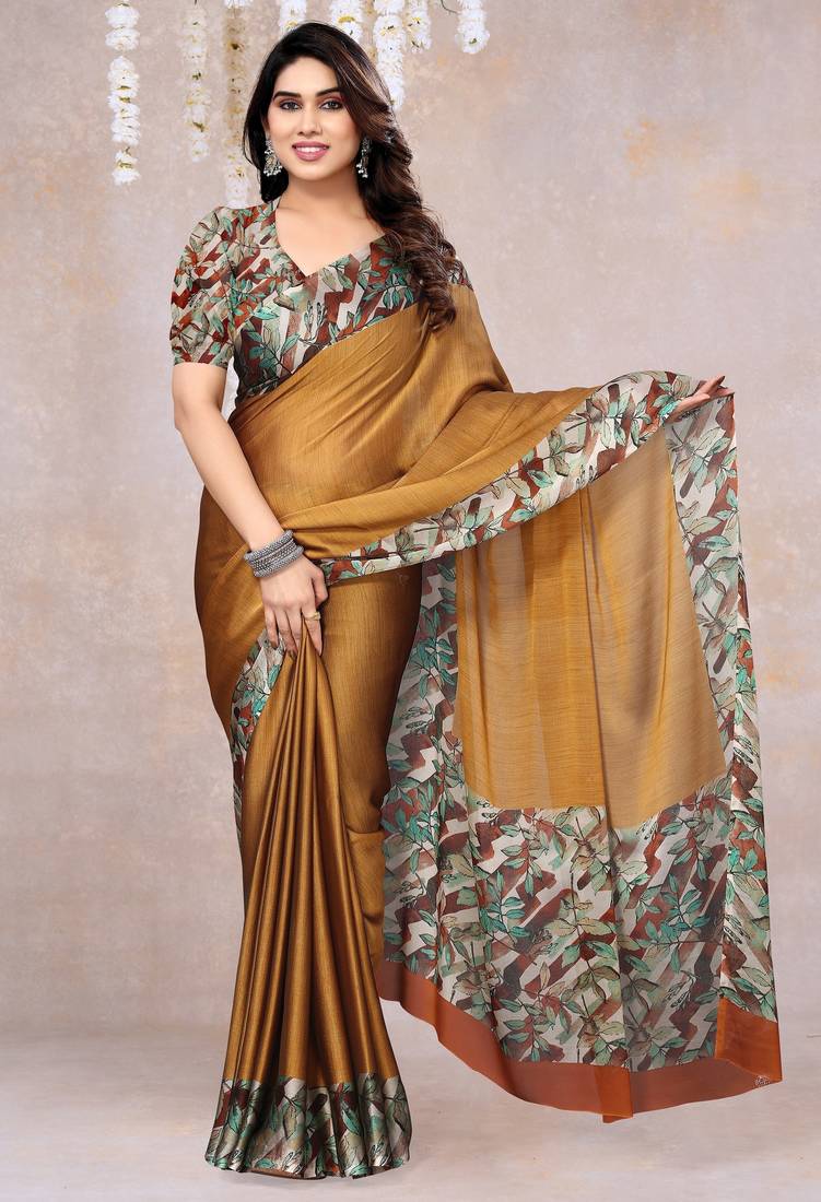 Dark Mustard Chiffon Solid/Leaf Printed Saree With Unstitched Blouse Piece