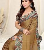 Dark Beige Chiffon Solid/Leaf Printed Saree With Unstitched Blouse Piece