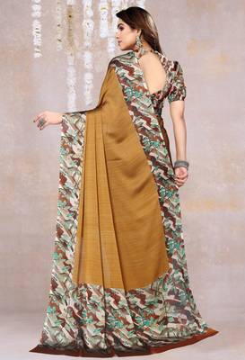 Dark Mustard Chiffon Solid/Leaf Printed Saree With Unstitched Blouse Piece 2
