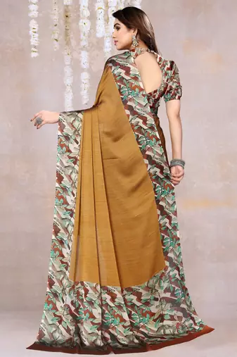 Dark Mustard Chiffon Solid/Leaf Printed Saree With Unstitched Blouse Piece