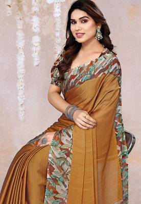 Dark Mustard Chiffon Solid/Leaf Printed Saree With Unstitched Blouse Piece 3