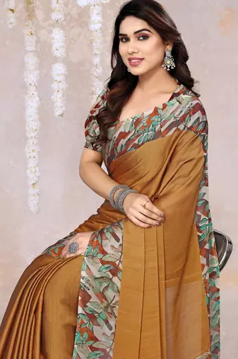 Dark Mustard Chiffon Solid/Leaf Printed Saree With Unstitched Blouse Piece