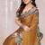 Dark Mustard Chiffon Solid/Leaf Printed Saree With Unstitched Blouse Piece