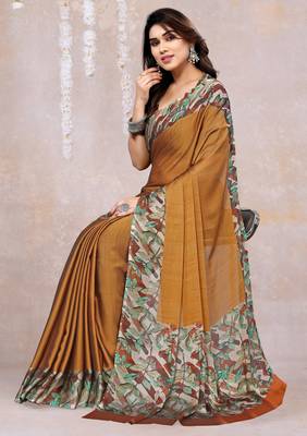 Dark Mustard Chiffon Solid/Leaf Printed Saree With Unstitched Blouse Piece 4