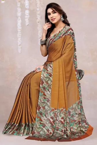 Dark Mustard Chiffon Solid/Leaf Printed Saree With Unstitched Blouse Piece