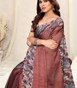 Rust Chiffon Solid/Leaf Printed Saree With Unstitched Blouse Piece