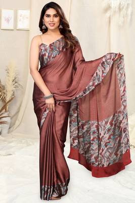 Rust Chiffon Solid/Leaf Printed Saree With Unstitched Blouse Piece 2